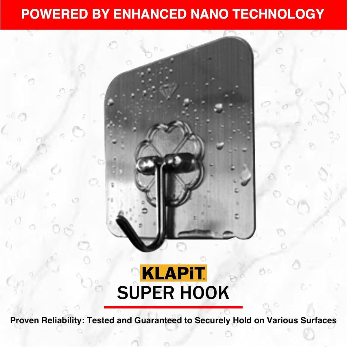 KLAPiT Super Hook - Heavy-Duty Adhesive Wall Hooks, Holds Up to 11 lbs, Waterproof, No Damage, Easy Install on Tile, Wood, Stone, Glass & Metal - Made of Steel (Silver, 4pc)