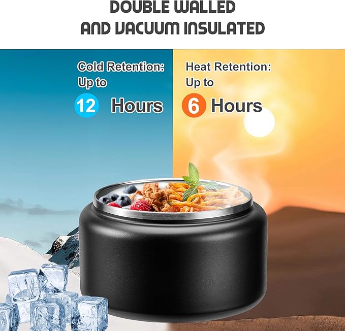 13.5oz Soup Thermo for Hot Food Kids with Buckle Lid Insulated Vacuum Food Jar Wide Mouth Leakproof Stainless Steel Lunch Container (Black)