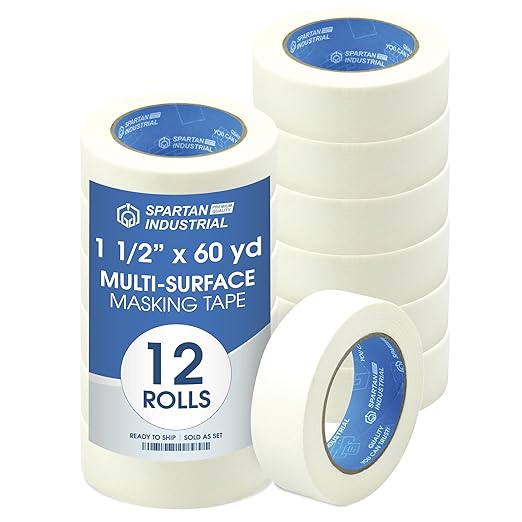 SPARTAN INDUSTRIAL - 1.5" X 60 yd Masking Tape for Construction, Painting, Crafts, and More - 12 Rolls of Removable Tape, 5.5 Mil