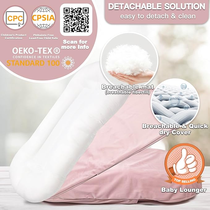 Baby Lounger - Snuggle Cozy Me Infant Lounger for Newborns | Flannel Cover, Breathable Soft, Portable Awake-Time Pad, Essential Baby Gift -Pink