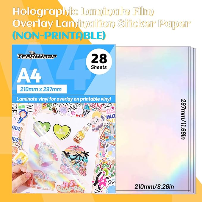 TECKWRAP Holographic Laminate Sheets Laminating Sheets Holographic Sticker Paper for Inkjet Printer Clear Vinyl Laminate Sheets for Stickers 8.26" x 11.69" A4 28 Sheets for DIY Crafts Scrapbooking