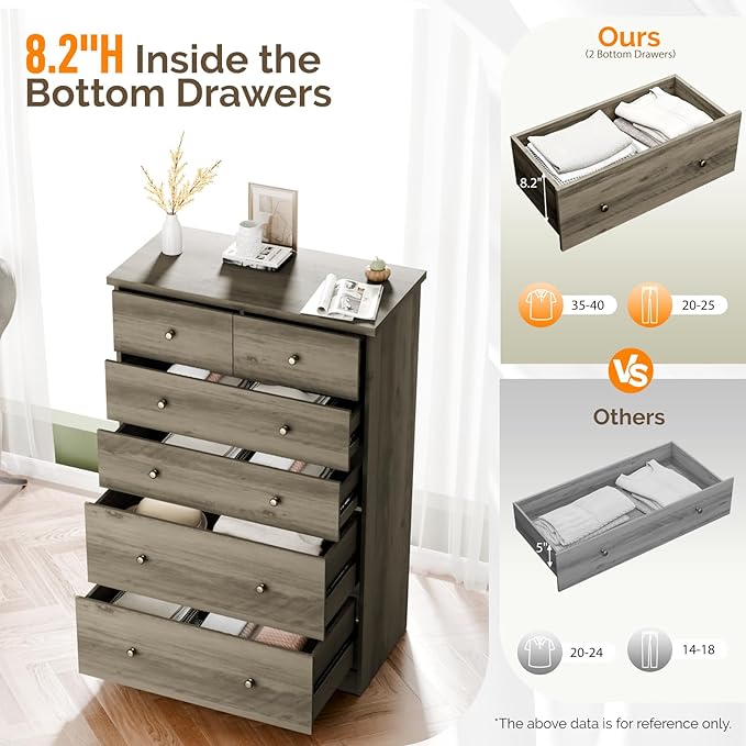 VINGLI Tall Dresser, Rustic Grey Dresser 6 Drawer Chest of Drawers, Wood Gray Dressers for Bedroom, Hallway, Home Office, 31.5" W x 15.75" D x 47.64" H