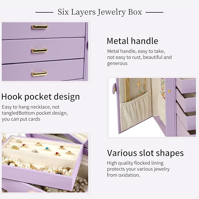 AKOZLIN Large Jewelry Box Organizer Functional Lockable with Big Mirror, Leather Jewelry Storage Case for Women Girls Ring Necklace Earring Bracelet Holder Organizer Violet