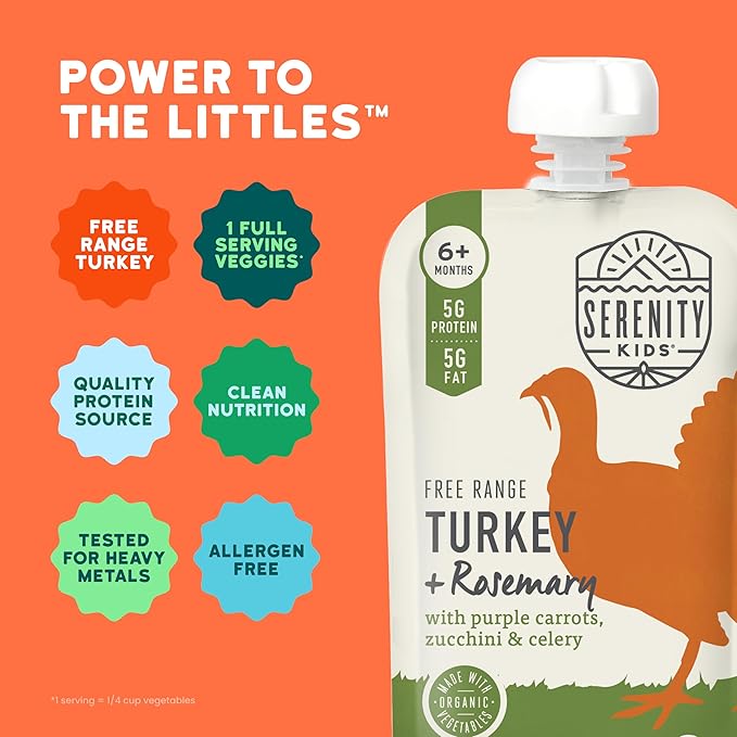 Serenity Kids 6+ Month Baby Food Puree Pouches with Ethically Sourced Meat & Organic Veggies - 3.5 Oz BPA-Free Pouch - Free Range Turkey, Rosemary, Carrot, Zucchini - 6-Pack Turkey Infant Food