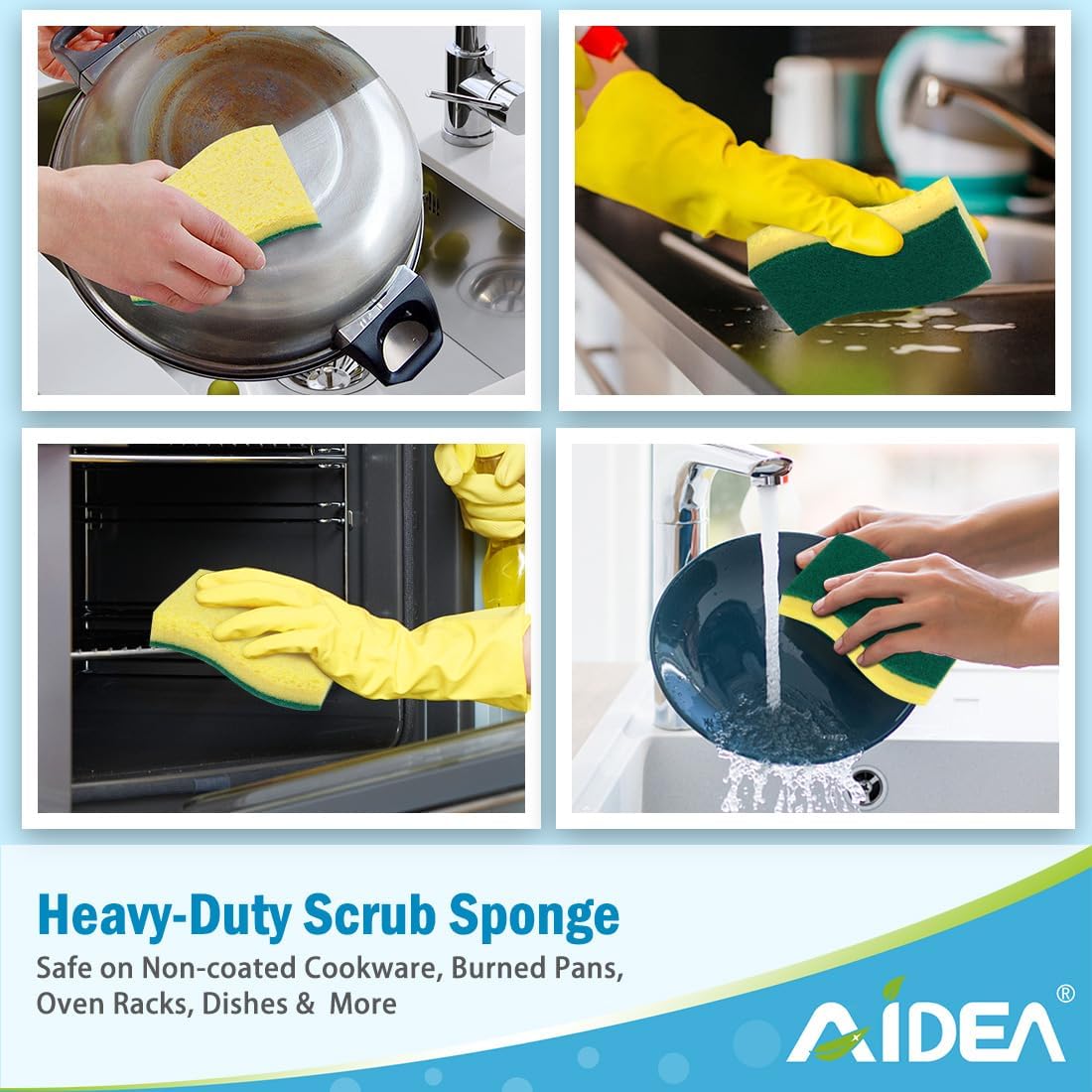 AIDEA Heavy-Duty Scrub Sponges, 6Count, Sponges for Non-Coated Cookware, Kitchen Sponge for Dishes, Scrubbing Power for Tough Messes, Cleaning Sponge for Kitchen, Bathroom, Household