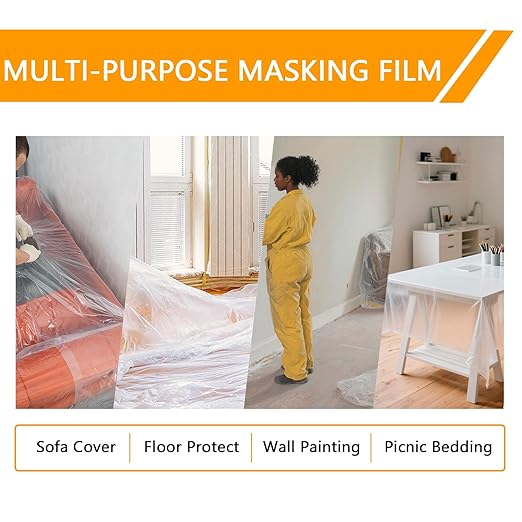 Painters Plastic with Tape 59inx65ft,Pre-Taped Masking Film Automotive Tape and Drape,Tear-Resistant Plastic Painting Film for Car Painting & Home Renovation (2 Roll)