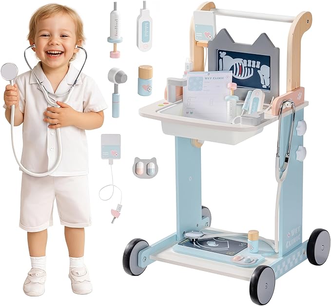 ROBOTIME Doctor Kit for Toddlers, Wooden Kids Doctor Play Set with Medical Cart & Accessories, Pretend Role Play Doctor Toys for Girls Boys, Toddler Doctor Playset Gift