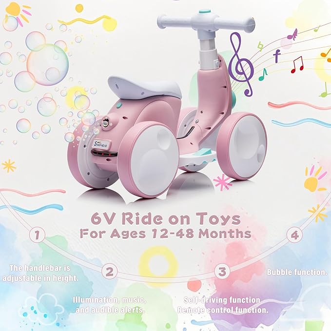 6V Electric Baby Balance Bike for 1 Year Old Boys Girls Ride on Toys 12-48 Months Toddler Balance Bike, 4 Wheels Kids First Bike with Remote Control First Birthday Gifts- Pink