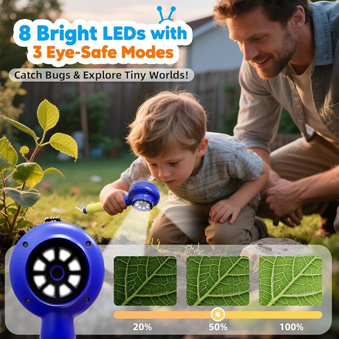 Kids Microscope with Bug Catcher Kit, 1080P Digital Mini Handheld Microscope STEM Science Toy with LED Light, Rechargeable, Portable, Supports 64GB TF Card, Educational Gift for Kids Ages 3-12 (Blue)
