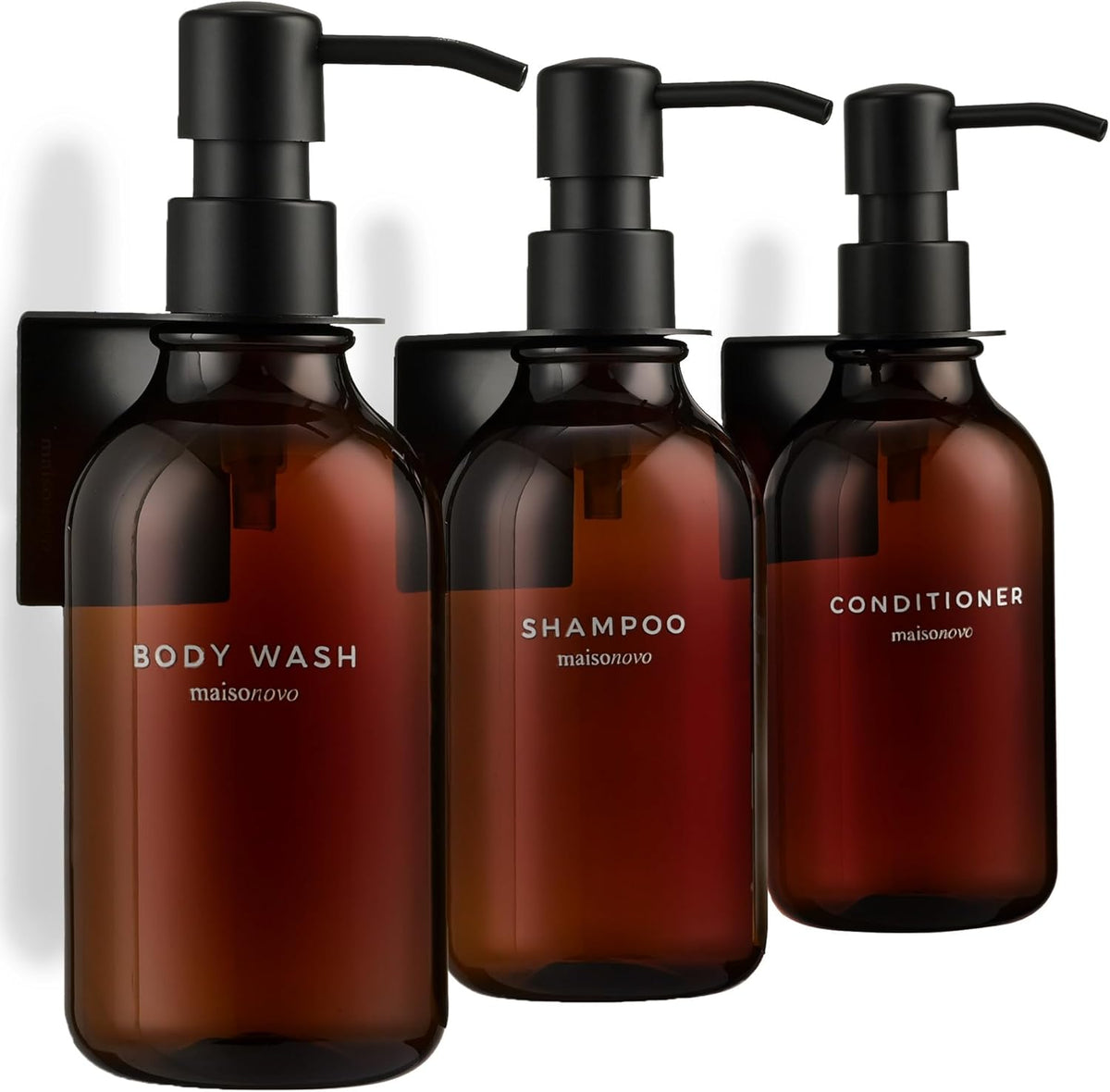 MaisoNovo Shampoo and Conditioner Dispenser - Shower Soap Dispenser Wall Mounted - 16.9 fl oz Set of 3 Amber Plastic Bottles Black Pump - 3 Chamber No Drill