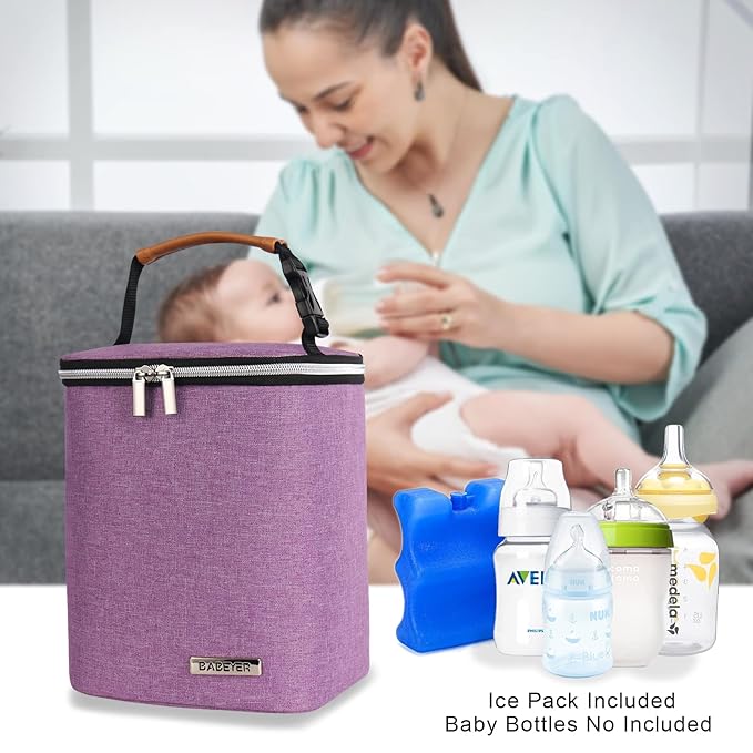 Breast Milk Cooler Bag with Ice Pack Fits 4 Baby Bottles Up to 9 Ounce, Baby Bottle Bag Great for Nursing Mom Daycare, Purple