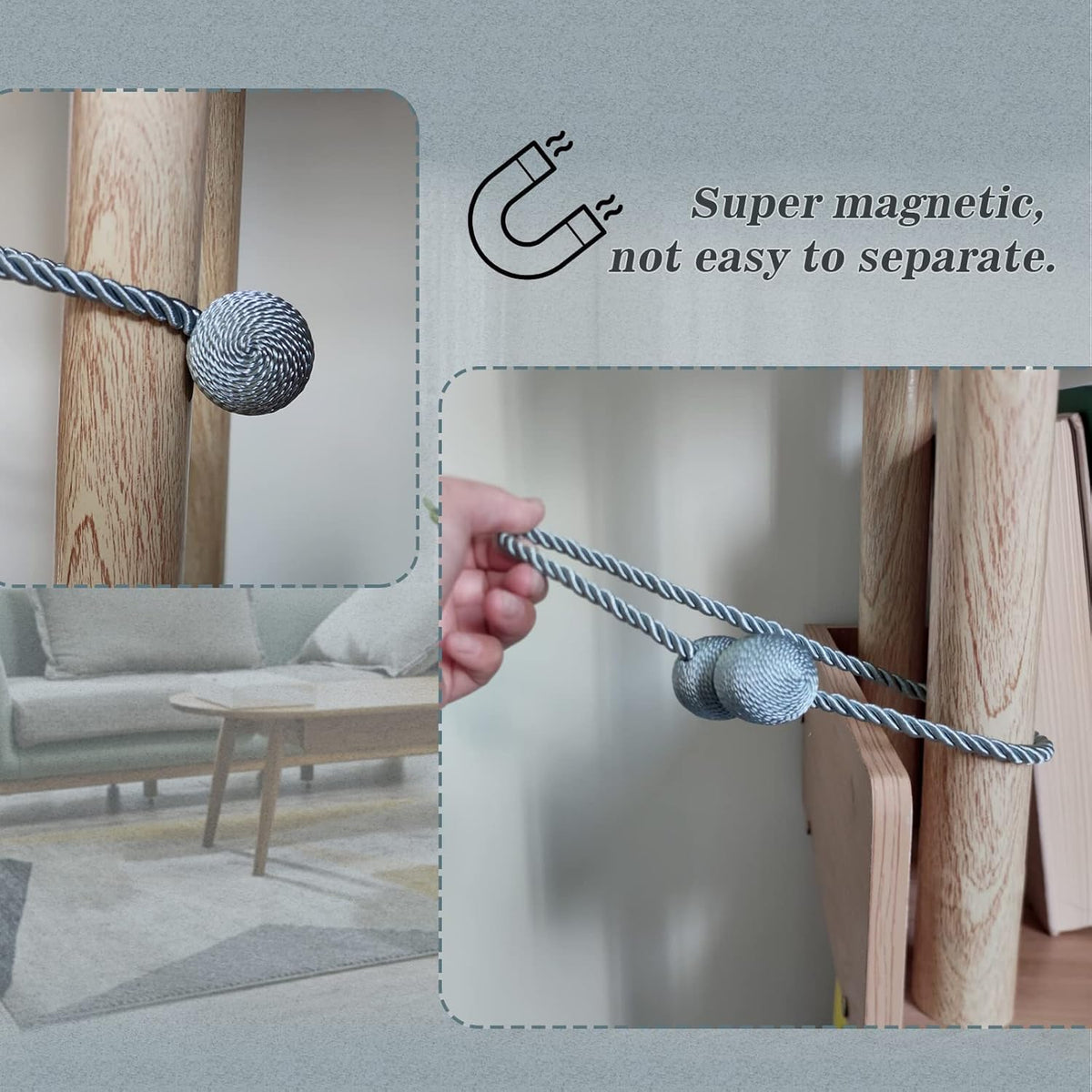 Hion Magnetic Curtain Tiebacks Gray Blue 4 Pack, Curtain Tiebacks Buckles Holdbacks Holders Hooks Clip for Home Bedroom Office Decorative Thick or Thin Curtain