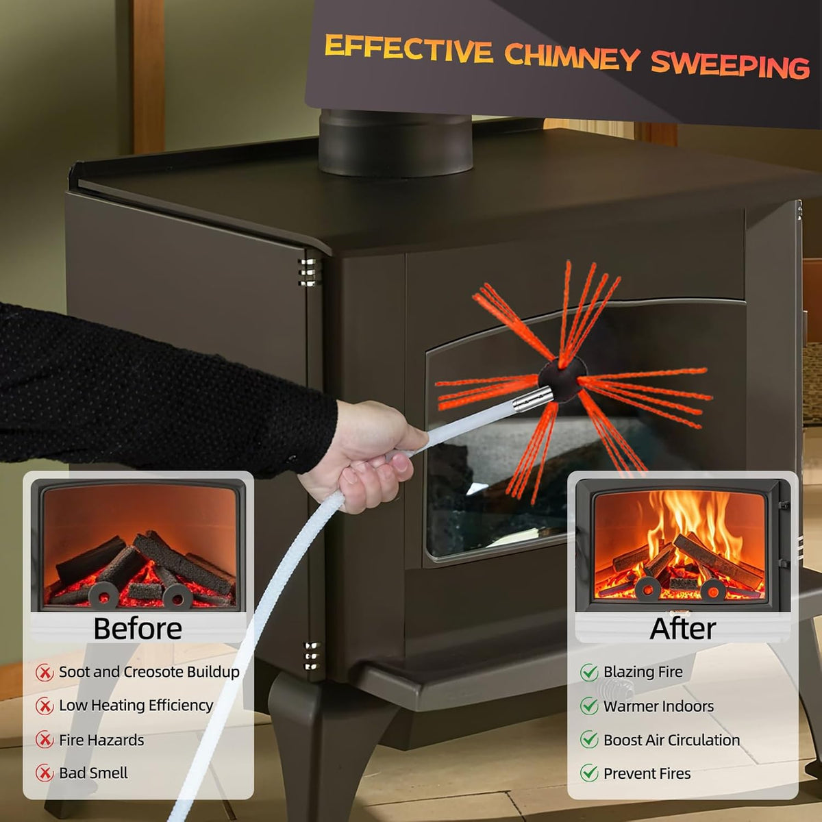 Chimney Sweep Kit - 33 Feet, 10 Flexible Rods, Brush & Drill-Driven Rotary System