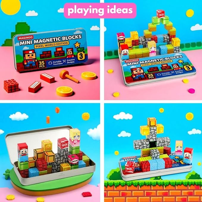 35PCS Pixel World Edition Mini Magnetic Blocks – Creative 3D Building Cubes, STEM Educational Travel Magnet Toy with Iron Box, Safe Learning Gift for Kids Ages 3–8, Boys & Girls