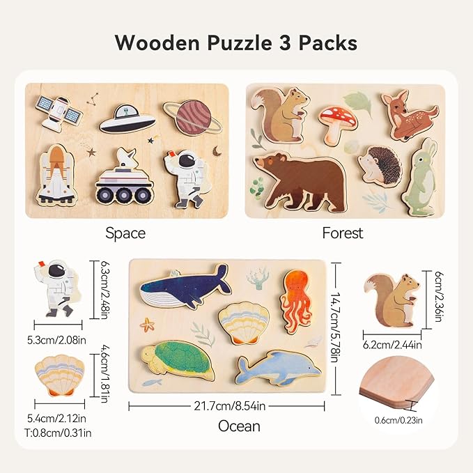 IEATFO 3 Packs Space Ocean Forest Wooden Chunky Puzzles for Toddlers, Wood Puzzle for Kids, Insert Puzzles Each Piece Fits Perfectly, Sturdy and Pegless, Educational Toys