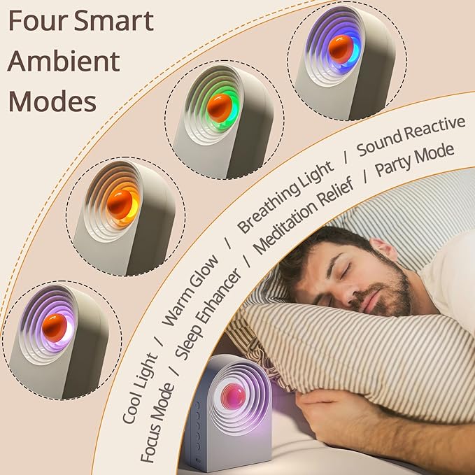 Sleep Aid & Focus White Noise Machine – 8 Soothing Sounds & 4 Ambient Lights | 12H Playtime,Bluetooth for Travel & Office, Sleek Desk Gift,White