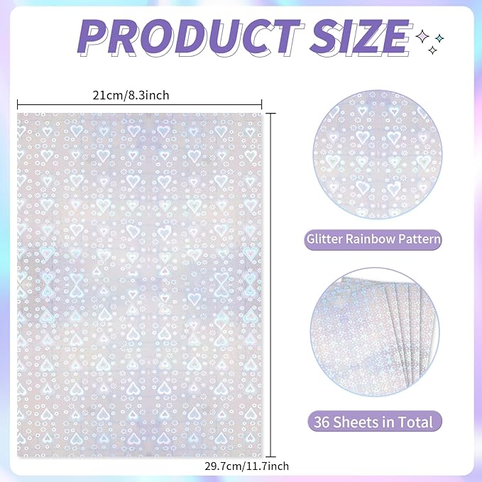 36 Sheets Holographic Sticker Paper,Holographic Laminate Sheets,A4 Size Clear Vinyl Sticker Sheets Self-Adhesive Rainbow Overlay Sheets,11.7 x 8.3 Inches（Heart）