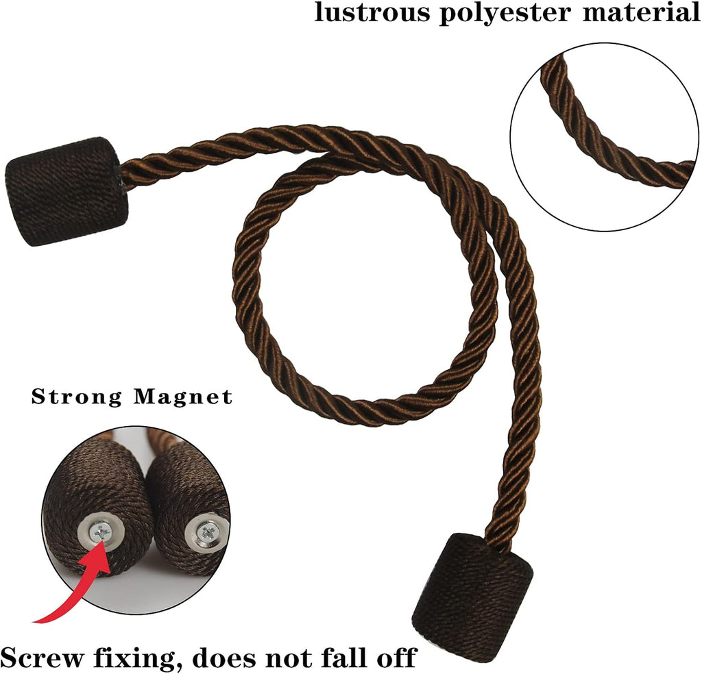 4 Pack Strong Magnetic Curtain Tiebacks Outdoor Elegant Decorative Tie Backs Modern Rope Tiebacks for Drapes Window Curtain Holdbacks for Draperies- Coffee