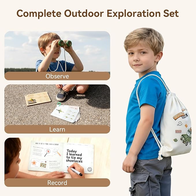 WOODEN TEETHER Kids Explorer & Adventure Kit for Ages 4–8, Wooden Knot Board (7 Step Cards) & Scrapbook, with Binoculars, Compass & Magnifying Glass, STEM Nature Exploration Toy