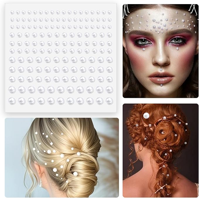 Pearl Stickers for Hair Decoration, Self-Adhesive Gems, 3-6mm White Jewels, Face Body Nail Art Craft (1320)