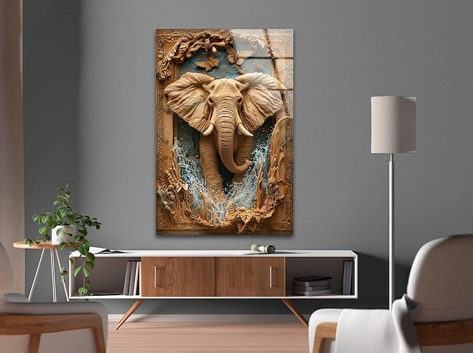My Photostation.com 27Wx43H'' Elephant Carving Glass Wall Art Tempered Glass Printing Wall Decor Large Wall Art Wall Hangings