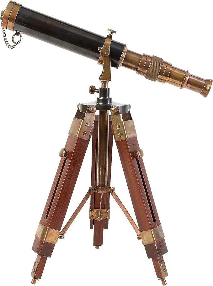 Vintage 9-Inch Brass Telescope with Wooden Stand – Antique Nautical Marine Decor & Functional Collectible Gift