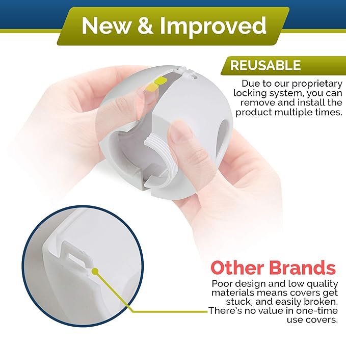Child Safety Door Knob Cover (4 Pack) Hard-to-Remove Dual-Lock Door Handle Covers for Kids - Reusable Baby Proof Door Knob Locks - Installs Easily, No Tools Needed (Clear)