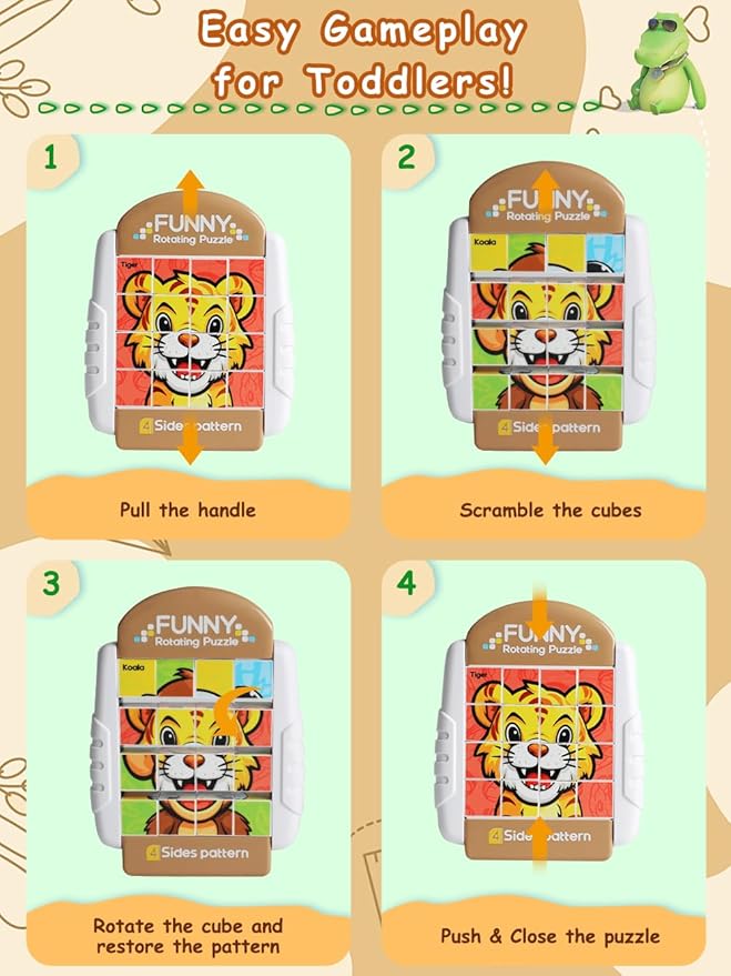 16-Piece Rotating Puzzles for Kids 4-6, Toddlers Puzzles 2-4, Road Trip, Airplane Activities Game, Travel Toys - Brain Teaser, Fine Motor Skills - Birthday Gifts Boys & Girls - Animals