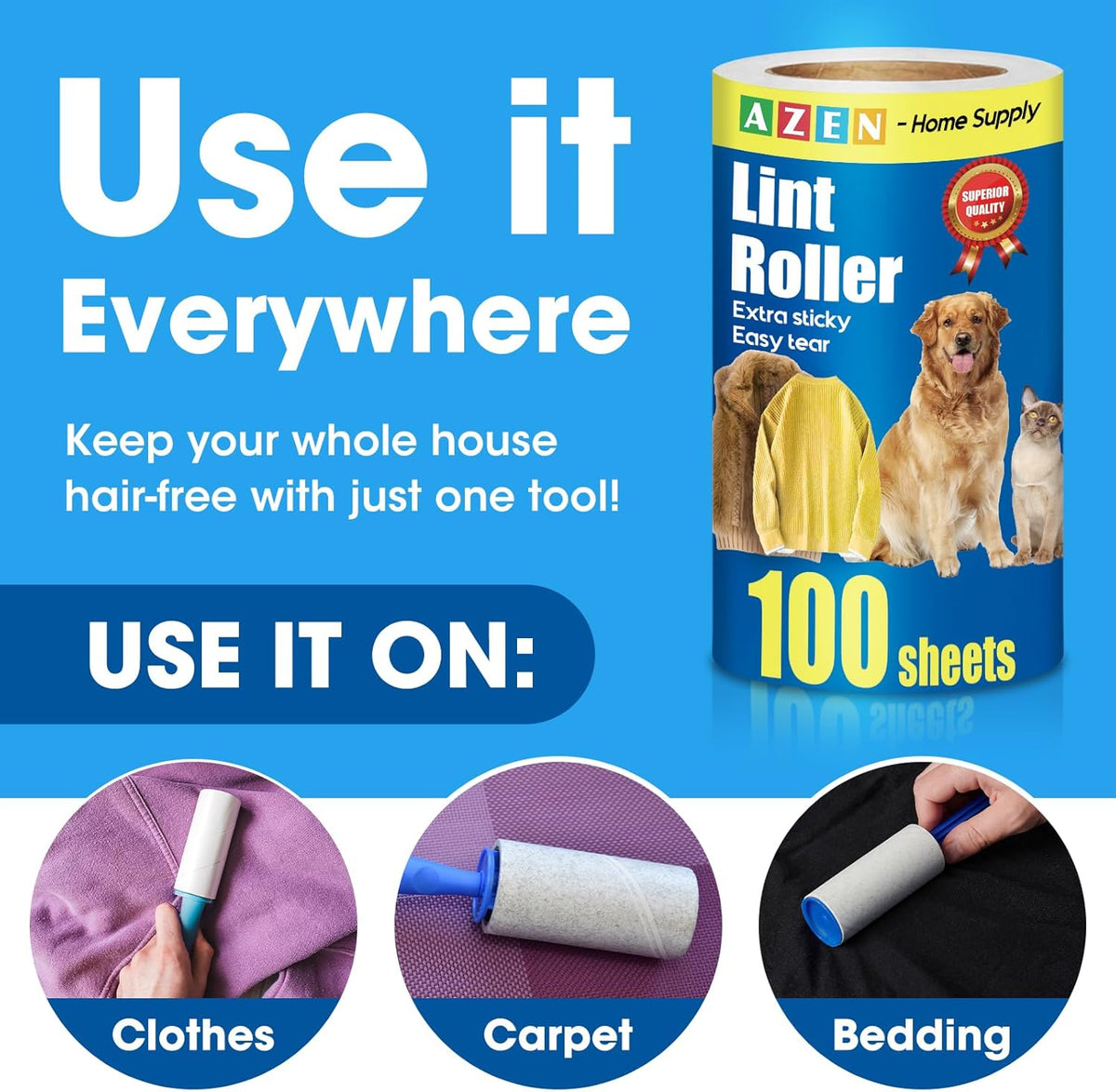 AZEN Lint Roller, Lint Rollers for Pet Hair Extra Sticky, 600 Sheets Lint Roller with 3 Upgraded Handles, 6 Roller Portable Lint Remover for Clothes, Pet Hair Remover, Lint Rollers for Clothes
