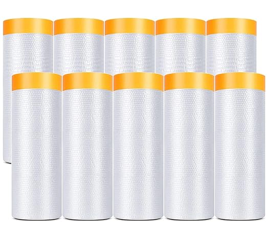 Painters Plastic With Tape, Pre-Taped Masking Film, 10 Rolls Automotive Best Tape and Drape, Paint Adhesive Protective Film Roll for Covering Skirting, Frames, Cars and Auto Body (5 X 65-Feet) (10)