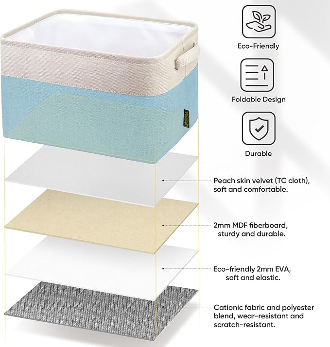 BALEINE 2 Pack Fabric Storage Bins for Shelves, Linen Storage Baskets for Organizing, Decorative Closet Bins for Clothes, Home (Skyblue, 15''x11''x9.5'')