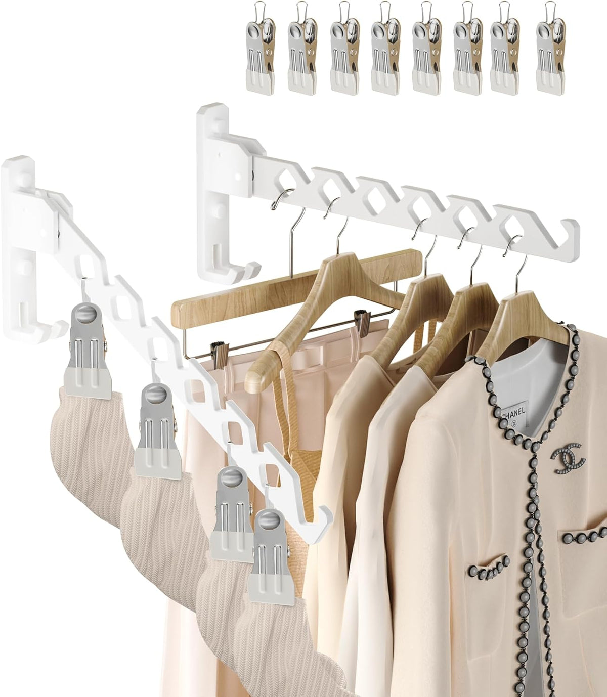 Wall Mount Coat Hanger Holder White Clothes Drying Organizer Rack Garment Hooks Aluminium Retractable Folding Indoor Wall Mounted Hanger Space Saver for Laundry Room Bedroom White 2 Pack with 8 Hooks
