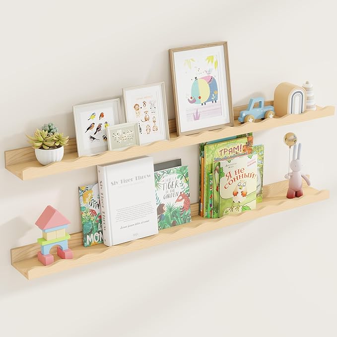 Fun Memories Picture Ledge Shelf for Wall, 48 inch Pine Wood Nursery Book Shelves Set of 2- Wall Book Shelves for Kids Room, Home Decor - Kitchen Spice-Natural