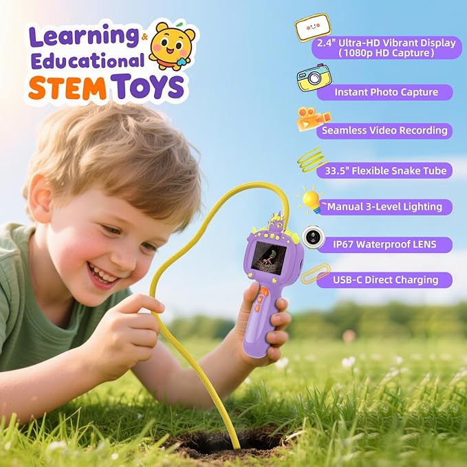 Borescope Snake Camera Endoscope with Light & Flexible Tube for Kids - Educational STEM Science Toy for Boys & Girls Ages 3-10, Birthday for Nature Exploration - Purple