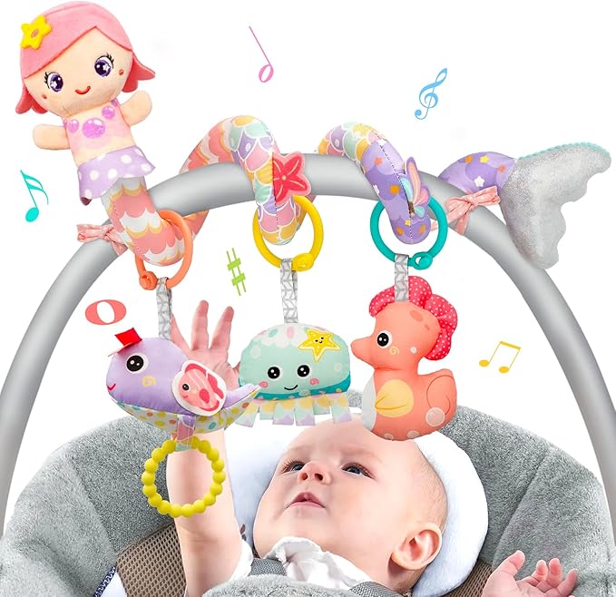 Car Seat Toys for Babies 0-6 Months Boy Girl Carseat Toys Hanging Spiral Stroller Toy, Infant Toy 0-6 Months Baby Newborn 0 3 Month Brain Development with Music Teether Rattle
