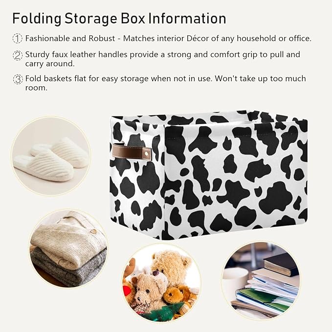 Black White Cow Skin Print Storage Basket Cube Storage Bins Organizer Bag Collapsible Closet Shelf Baskets with handle for Baby Cloth Pet Toy Book 14.2×10.2×8.3 IN
