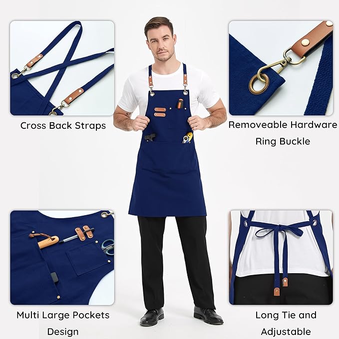 Canvas Aprons, Kitchen Chef Aprons, Work Aprons for Men Women, Adjustable Strap Aprons with 3 Pockets