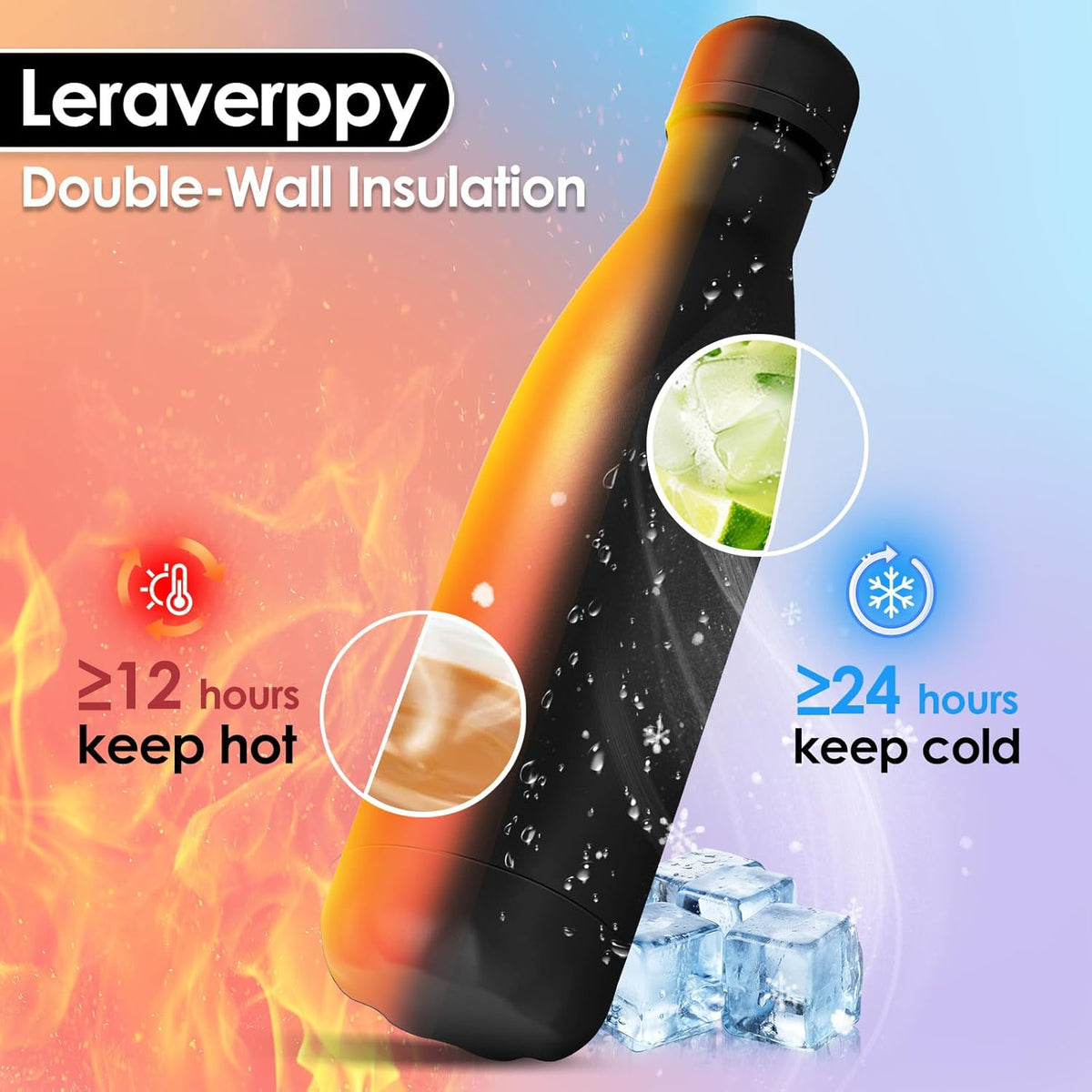 17oz Cola-Bottle Shaped Stainless Steel Leak-proof Water Bottle,Double Wall Vacuum Insulated Metal,Travel Mug For Sports Indoors & Outdoors,BPA-Free School Kids Flasks,Black(8 Pack)