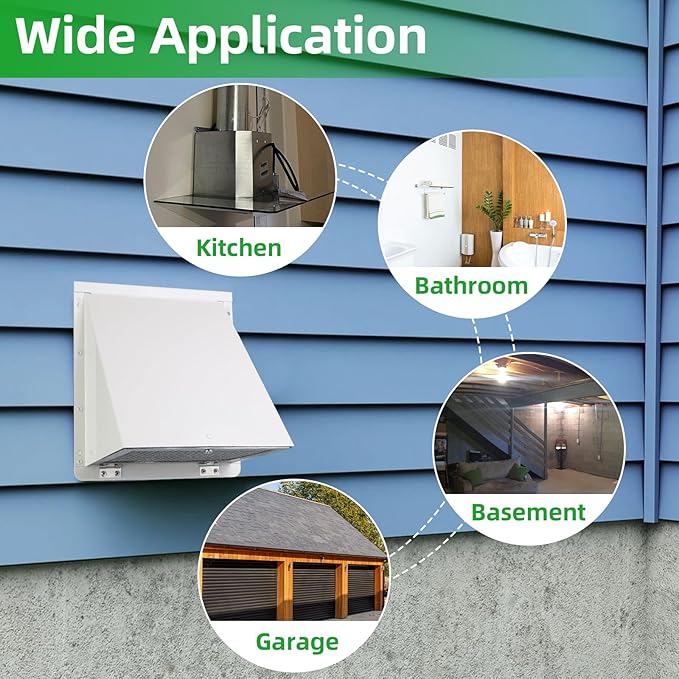 8 Inch Hooded Wall Vent with Screen and Damper,Outdoor Wall Exhaust Vent Cover Cap for Kitchen Range Hood Dryer Duct Ventilation &Exterior Air Exhaust Applications,Galvanized Steel,White