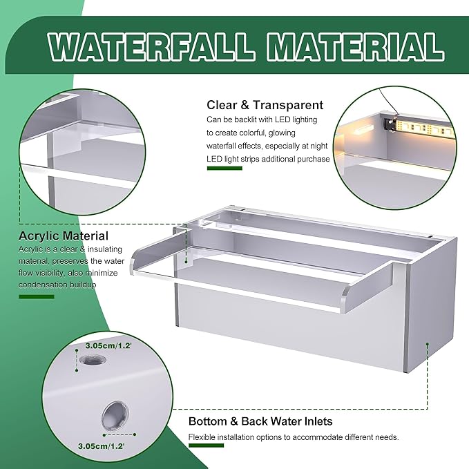 Waterfall Pool Fountain, LONGRUNNEW Transparent Acrylic Pool Waterfall Spillway, 9.06 Inches Pool Water Feature for Garden Patio, Backyard Koi Pond Decor