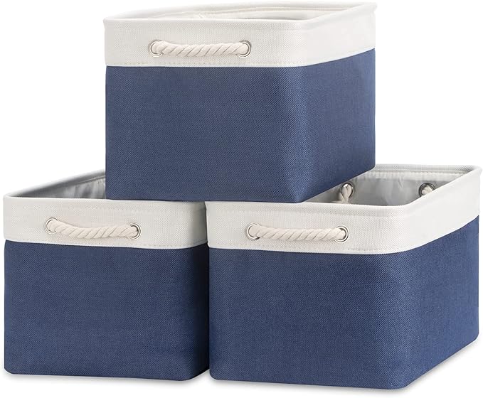 Bidtakay Storage Baskets Collapsible [3-Pack] Decorative Storage Bins with Cotton Rope Handles 15 X 11 X 9.5 Inch Organizing Baskets for Shelves Clothes Closet Navy Blue Baskets for Gifts Empty