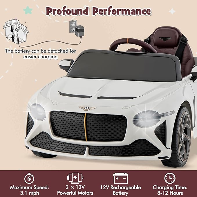 Costzon Ride on Car, 12V Licensed Bentley Bacalar Battery Powered Kids' Electric Vehicles w/Remote Control, Scissor Doors, Wireless Connection, Lights/Sound Effects, Kids Car Toys for Toddlers(White)