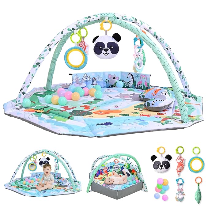 Baby Play Gym & Activity Mat,10-in-1 Tummy Time Mat,Panda Washable Baby Playmat with Detachable Toys,2 in 1 Baby Mat & Fence for Sensory Exploration and Motor Skill Development at Different Stages