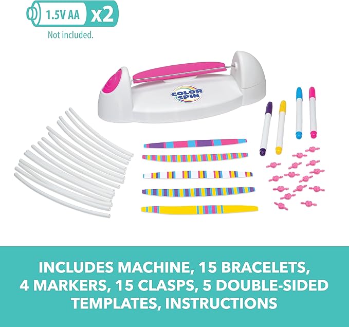 Loopdedoo Colorspin Electric Friendship Bracelet Maker Kit - Make Bracelets in Minutes for Birthdays and Friendship Gifts - Make 15 Bracelets, Design, Markers Included, Ages 6+