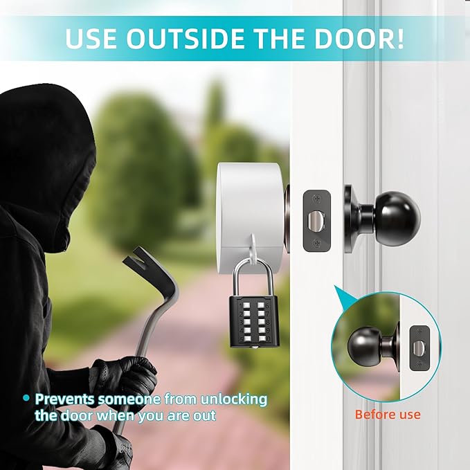 Door Knob Cover Lock with Combination Padlock, Child Proof Door Knob Covers, Door Knob Lockout Device for Dementia Elderly Safety, Renter Friendly Temporary Bedroom Door Lock (White)