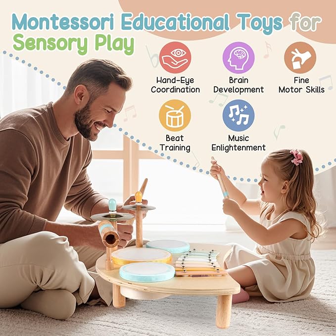 Kids Drum Set, Montessori Musical Instruments for Toddlers 1-3, Wooden Musical Toys for Baby 12-18 Months, Preschool Educational Xylophone Drum Kit, Birthday Gift for Boys Girls Ages 3+