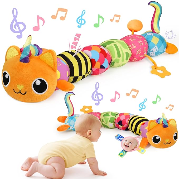 Baby Toys 0-6 6-12 Months, Sensory Musical Animal Stuffed Toy for Infant 0-3 3-6 Months, Tummy Time Toys with Mirror Crinkle Rattle, Plush Unicorn Cat Toy Gifts for 0 1 2 3 4 5 6+ Months Boys Girls