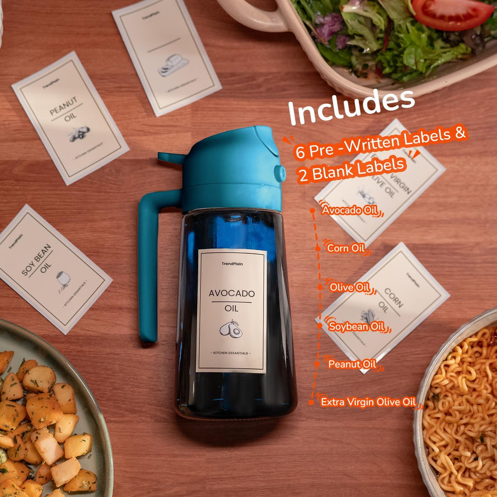TrendPlain 16oz/470ml Blue Glass Olive Oil Sprayer for Cooking - 2 in 1 Olive Oil Dispenser for Kitchen Gadgets, Air Fryer, Salad, and BBQ - Navy