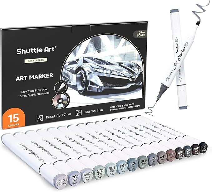 Shuttle Art 15 Colors Grey Tones Dual Tip Art Marker, Alcohol Based Marker Pens Double Ended with Fine and Chisel Point Tips Perfect for Drawing,Shading,Sketching,Designing,Outlining,Illustrating