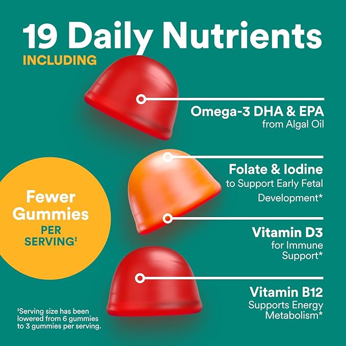 SmartyPants Prenatal Multivitamin Gummies - Improved Formula: Omega 3 (DHA/EPA), Methylfolate, Biotin, Vitamin D3, C, Vitamin B12, B6, Vitamin A, K & Zinc, Gluten Free, 120 Count (40 Day Supply)